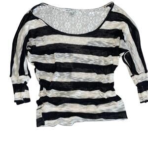Y2K American Rag Cie Mesh Stripe Sweater Lace Black White Off Shoulder Small